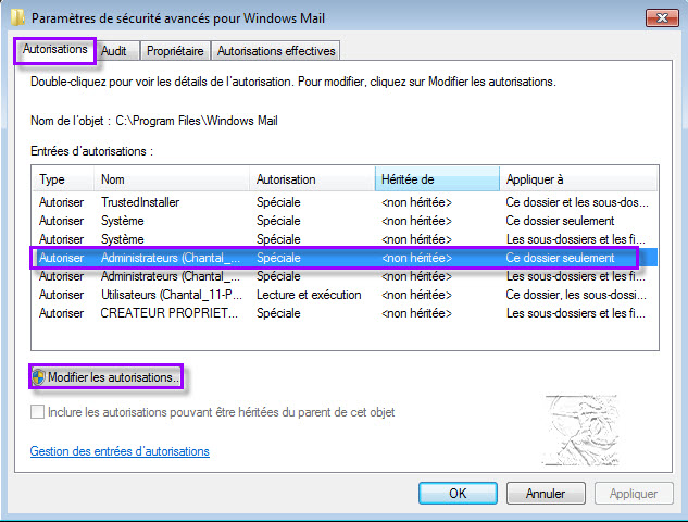 comment modifier autorisation windows 7